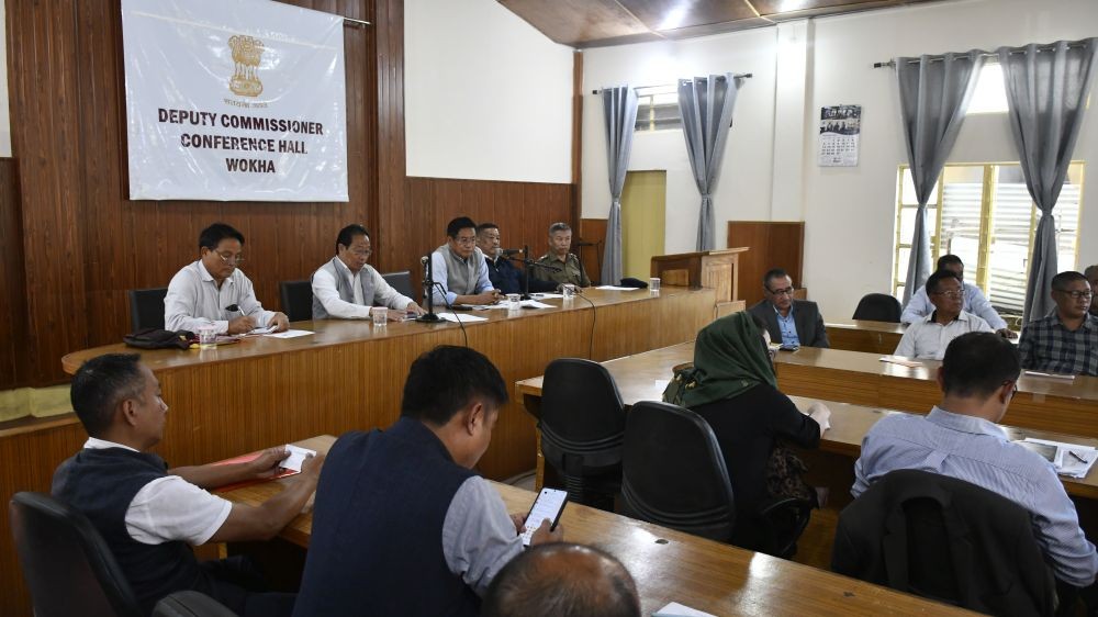 Advisor and DPDB Chairman Mhathung Yanthan, MLA Mhonbemo Humtsoe, Vice Chairman K Mhathung Tsanglao and other members and officials during the DPDB meeting at the DC’s Conference Hall in Wokha on October 13. (DIPR Photo)